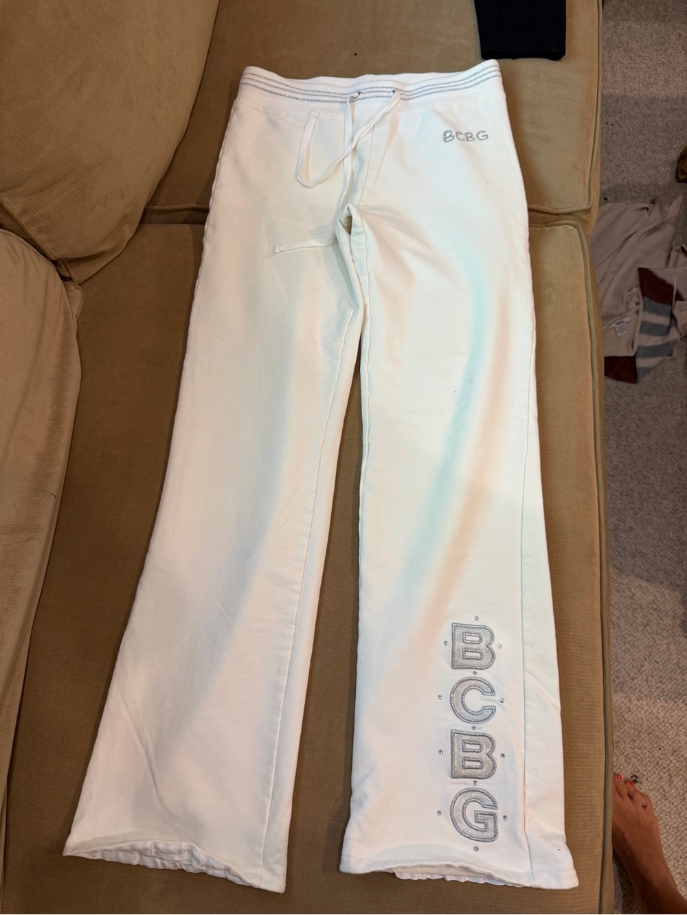 BCBG White Drawstring Sweatpants with Logo Trim